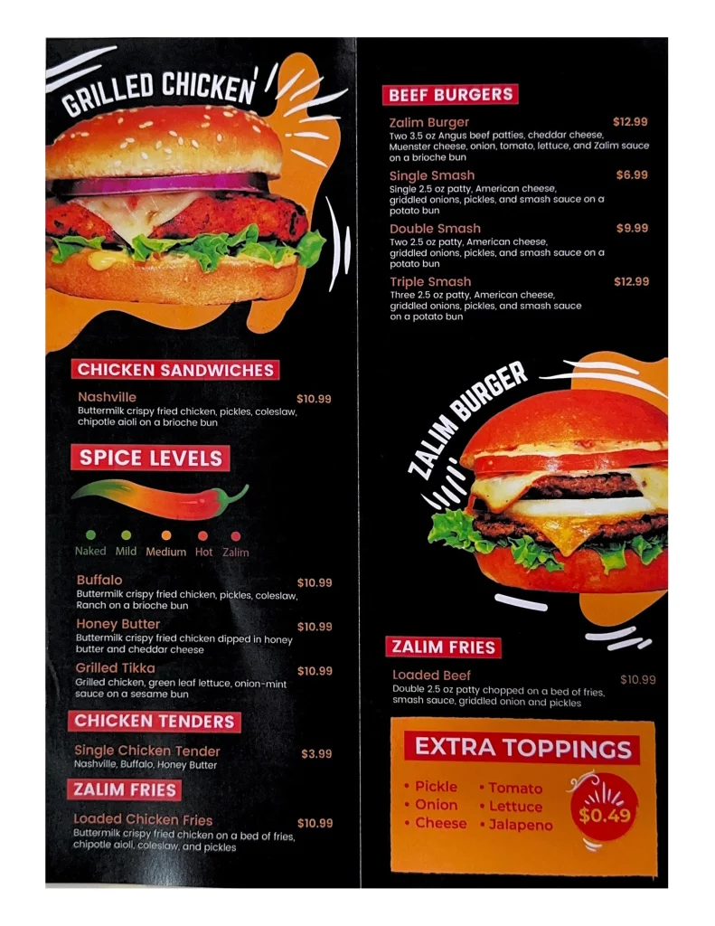 Zalim Hot Chicken & Burger Menu, Zalim Burger Menu, Zalim Hot Chicken & Burger englewood nj